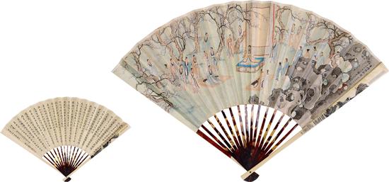 陈少梅 1909-1954  杏坛弦歌 简恩焕       楷书正气歌 成扇 设色纸本 1938年作
