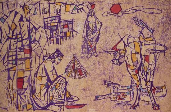 蔡天定（生于 1914年，中国，卒于2008年，马来西亚）

　　《Morning》   1960 – 1963年   蜡染印布作品   112 x 173厘米   新加坡国家美术馆馆藏