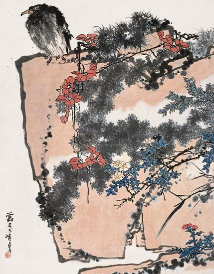 潘天寿鹰石山花之图 立轴182×141厘米(2015年嘉德2.79亿元成交,2005年嘉德1171.5万元成交)