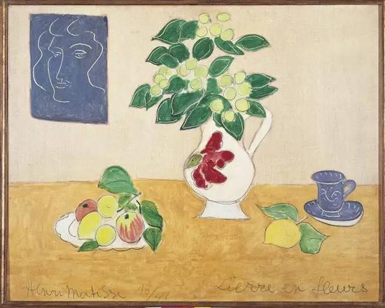 《果盘及玫瑰花瓶里茂盛的常春藤》1941(Fruit Plate and Flowering Ivy in a Pot with a Rose)