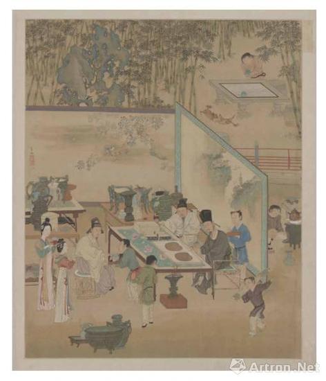 仇英 人物故事图册-竹院品古 故宫博物院藏