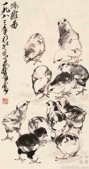 　　lot 0311 1983年作 鸡雏图 立轴 纸本  黄胄   57×30cm 1983年作  估价：RMB 80,000-120,000  款识：一九八三年于北京，黄胄写。  钤印：黄胄之印