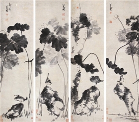 八大山人1699年作《荷石栖禽》四屏(2013年天津同方8030万元成交,2011年北京长风7475万元成交,庞元济旧藏)