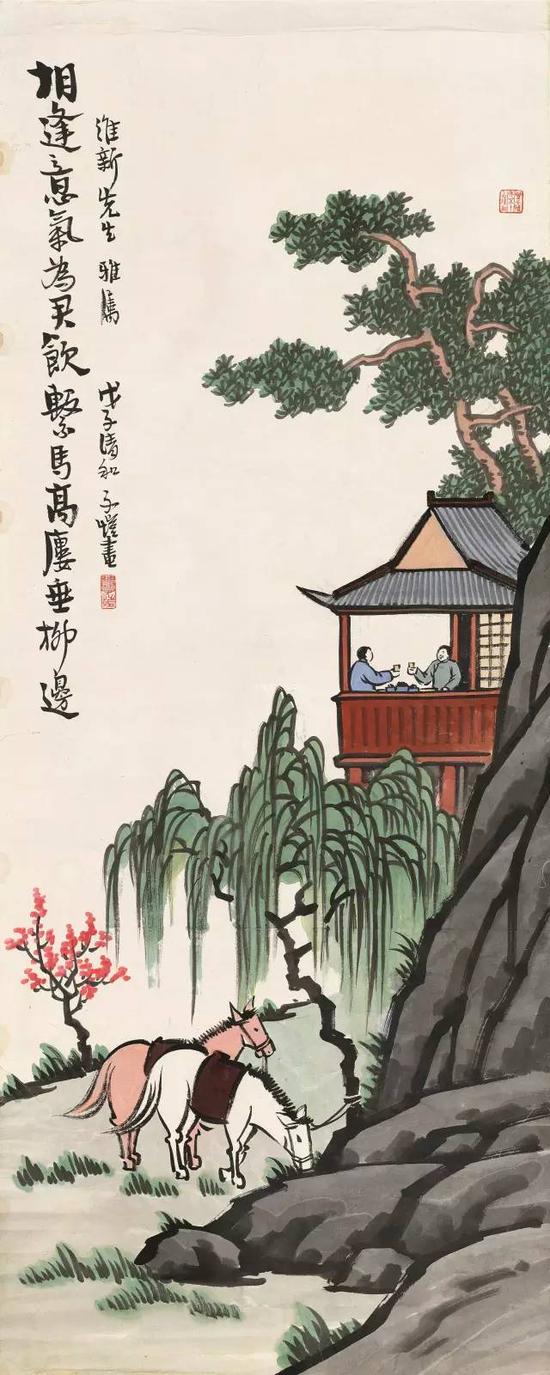 　　lot 0515 丰子恺 戊子（1948）年作 相逢意气为君饮 镜片 设色纸本 100×40cm   估价：380,000-580,000
