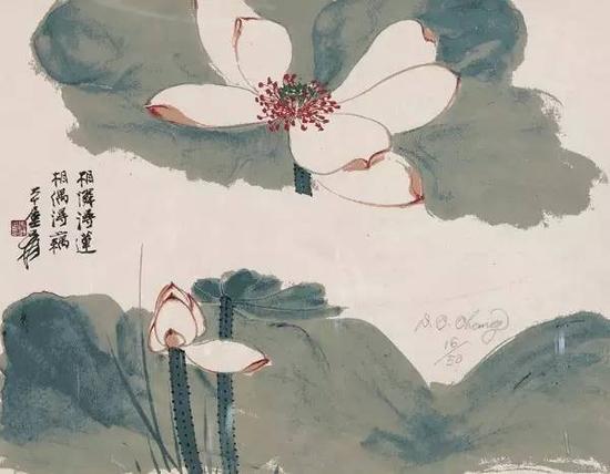 lot 876 相憐得蓮,相偶得藕 张大千 44 x 33cm 版数:16/50 落槌价:3万元