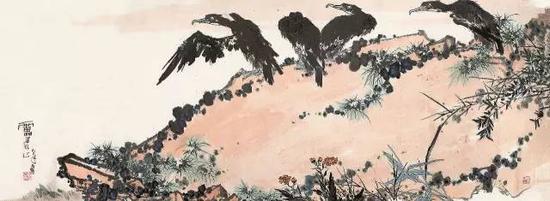 lot 8025 鹰石图 潘天寿 镜片 设色纸本 110×300cm