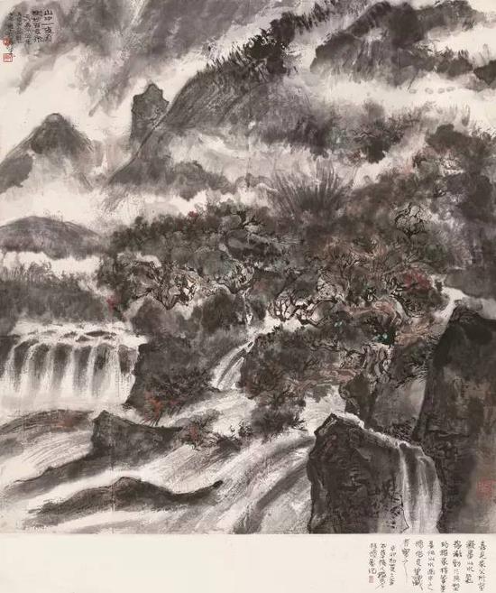 lot 0215 程十发 壬戌（1982）年作 山中一夜雨 立轴 设色纸本 108×101cm  估价：680,000-900,000