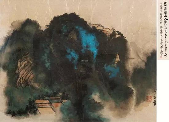 lot 0104 张大千 墨彩云山 镜框 设色金笺 55×69cm  估价：1,200,000-1,800,000
