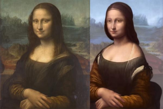 科特认为《蒙娜丽莎》里（左）被隐藏的第三层画（右）才是真正的蒙娜丽莎原型，她的眼睛看向了一边，同样带有一丝神秘的微笑。