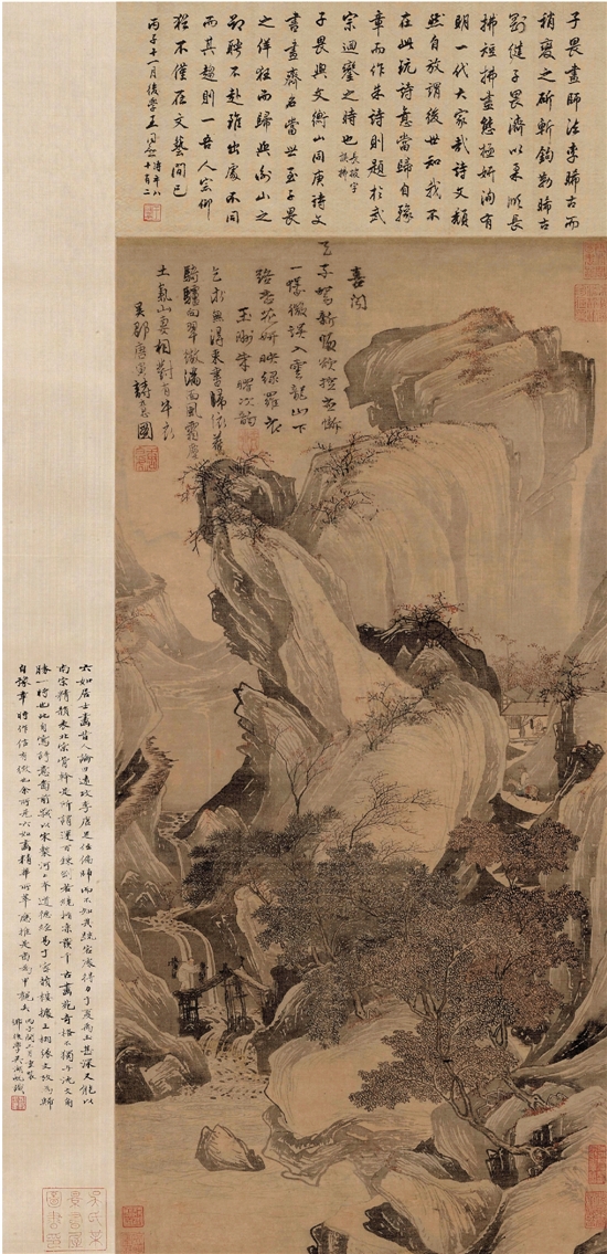 明 唐寅 骑驴思归图轴 绢本 设色
此唐寅精品，吴湖帆以家藏毛钞《盘洲乐章集》册，以及宋椠河上本《道德经》与蒋祖诒换得。吴氏崇尚南宗，推崇元代文人画风。但吴门画派中唐寅的画风亦给他很大的影响，吴氏评论唐寅画为“以南宗精韵表北宗骨干”，而其自己的某些作品中也有以北宗技法展现南宗气韵的特色，可谓异曲同工。