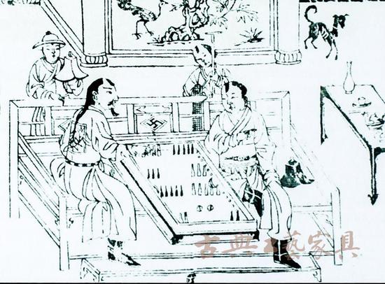 图8 元代版画插图《事林广记》（第四卷·耕织）中，人们坐于床榻上。