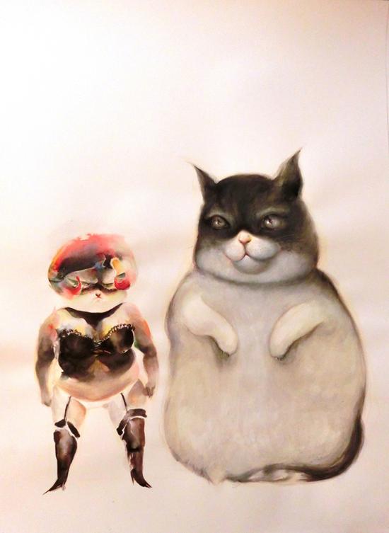 宋洋，Bad Girl之流浪猫，78x110cm,纸本水彩
