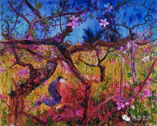 周春芽《闻花香》，布面油画，200×250cm，2008年