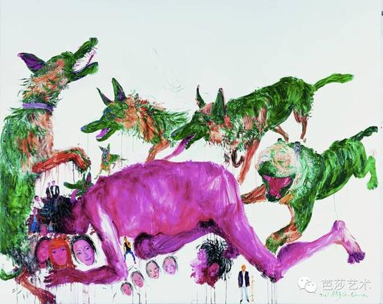 周春芽《绿狗与红人》，布面油画，200×250cm，2007年