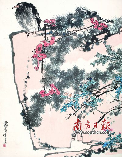 潘天寿作品《鹰石山花图》。