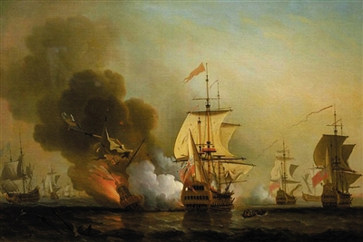 著名海战油画《“圣荷西”号爆炸》。作者是英国著名的风景画家塞缪尔·斯科特,他也是著名的海战油画家。