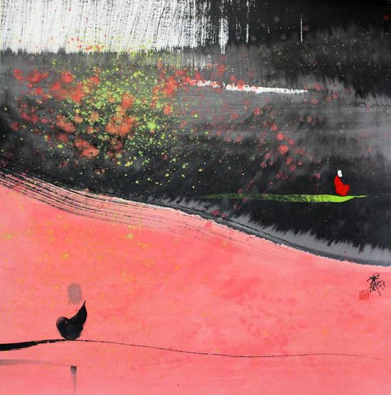 雨足秋色 纸本水墨 80×80cm 2013年 作者:田旭桐