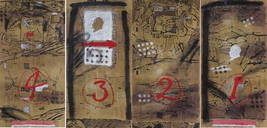 叶永青 大招帖 布面油画150x75cmx4 1992