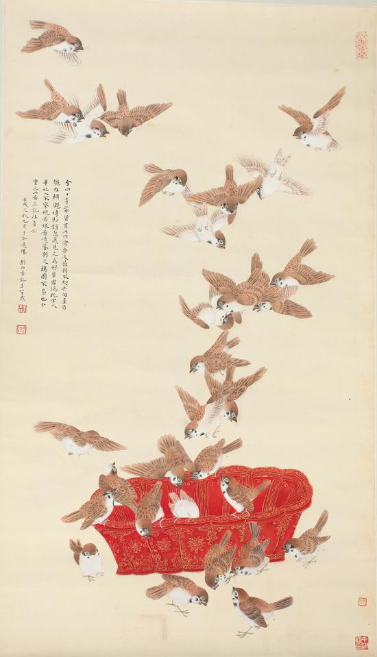1982年刘伯年《金盆饲雀图》