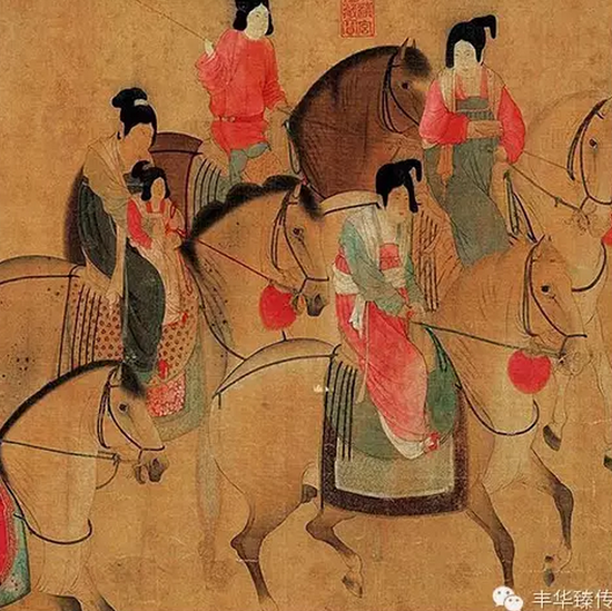 《虢国夫人游春图》局部，绿衫红裙的马上大唐贵妇就是杨贵妃的三姐虢国夫人。