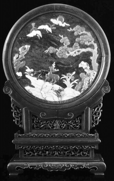 碧玉嵌百宝《鹤鹿同春》图插屏
