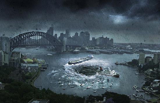 麦吉这幅数字艺术显示，悉尼港惊现黑洞，船舶正被吸入其中。（网页截图） 