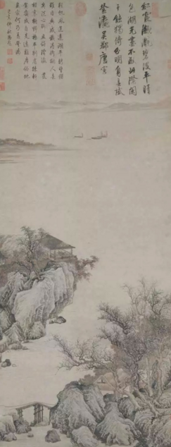 全图景物处置洗练而谨严,墨色和泽有神,所绘景色,荡漾着一股秀美的生活气氛,内容和形式互相渗透,融而为一 ▲明 唐寅《湖山一览图》