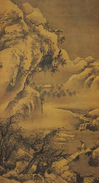 灞桥在陕西长安县东,亦称霸桥,唐人送别者多于此折柳相赠,有“灞桥折柳”典故。此画在艺术表现上,用侧锋卧笔,线条粗简,水墨淋漓,一次皴染,颇得气势。 ▲明 吴伟《灞桥风雪图》