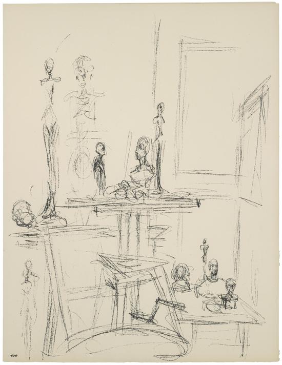 工作室的雕塑（九） 《无尽的巴黎》100号版 巴黎特里亚德出版社，1969年 42.5 x 32.5cm 石版画 1961年之前  Collection Fondation Giacometti, Paris, inv. 1994-0865-100 © Estate Giacometti (Fondation Giacometti + ADAGP) Paris, 2015