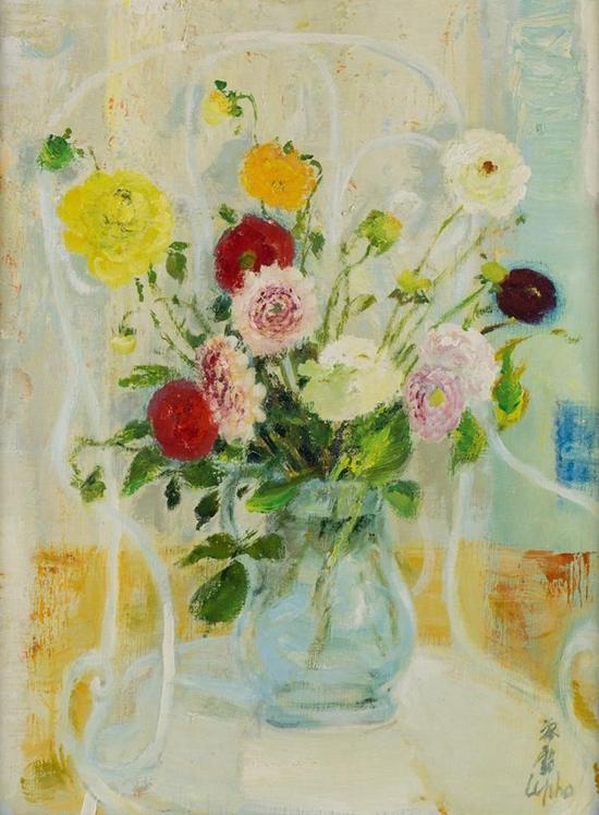 Lot66:LE PHO(越南籍画家,1907-2001) 椅子上的花束,油画,尺寸 64 x 49 cm