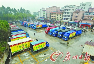 科韵路与北山大街交界处一个停车场内,停着近70辆车上打着“大众”、“老大众”、“众人”、“大众为民”字体广告的搬家公司车辆,名字、字体、颜色及公司标志均与正牌大众搬家极为相似。