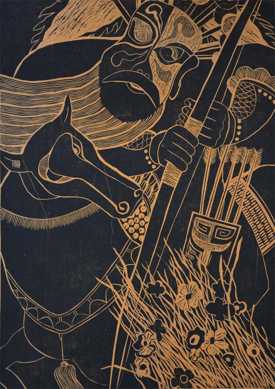双年展 参展艺术家：王晓明作品《骑射-1》 黑白木刻 70x50cm 2013年