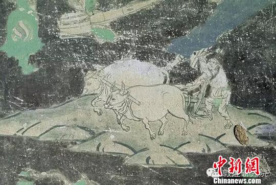 图为：《榆林窟第3窟-千手观音变之牛耕-西夏》。古代画工依据佛经中的内容，结合现实生活的需求，在壁画中描绘了耕地、播种、收割、运载、打场、扬场、粮食入仓等情景，形象非常生动，充满了人间气息。　崔琳　摄