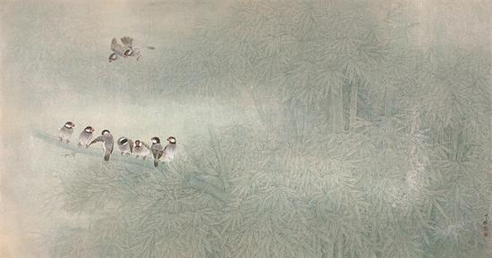 鸟啭绿筱拂烟波，周中耀，2011 年，纸本设色，66cm×137cm