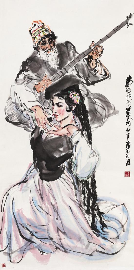 黄胄（1925-1997）于阗歌舞

　　纸本立轴 

　　1981年作

　　136.5×68cm 约8.4平尺 来源：现藏家直接得自作者本人。