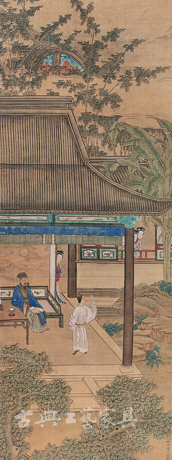 明·仇英《山水人物图》庭院中的卧榻和罗锅枨方桌