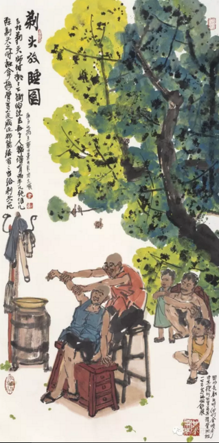 ▲《剃头放睡图》 Skills of Old Peking Barber 137×68cm