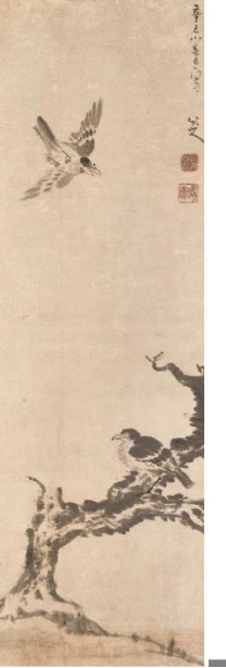 清 八大山人 (1626-1705) 枯木双鸟 水墨纸本 立轴 一七〇一年作 估价： 港币6,000,000–9,000,000 美元770,000–1,100,000