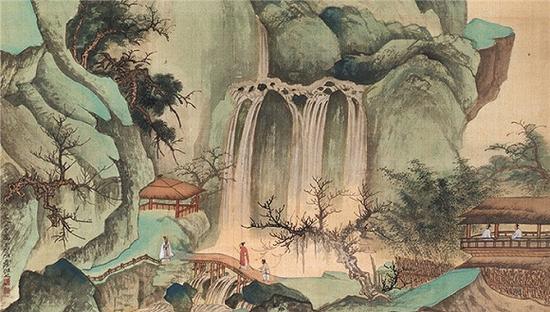 张大千的《拟宋人山寺图》局部