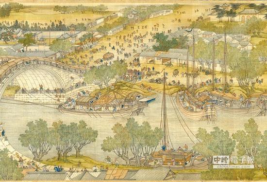 《清院本清明上河图》由画院陈枚、孙祜、金昆、戴洪及程志道5位画家合作,足以媲美宋张择端《清明上河图》。(故宫提供)
