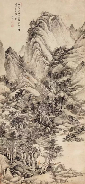 王鉴 仿巨然清溪待渡图　　立轴 设色纸本　　癸酉（1693年）作　　211 × 99 cm