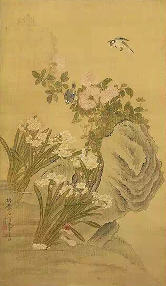 董恒湛 春园双禽 77X45cm 绢本立轴