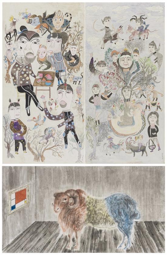 郭秀荣《乡野传奇之三十四》 纸本水墨 133x65cm 2016 (左上)
郭秀荣《乡野传奇之十八》 纸本水墨 133x65cm 2015 (右上)
石荣强《蒙德里安式拷贝》 180x97cm 纸本水墨 2014 (下)