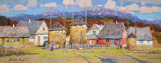 　　Valeriy ShmatkoShmatko Valeriy, Carpathians. Landscape with stacks. Oil on canvas, 40х102 cm, 2016