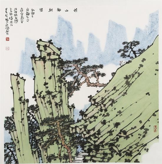 许俊《游山静观图》68X68cm