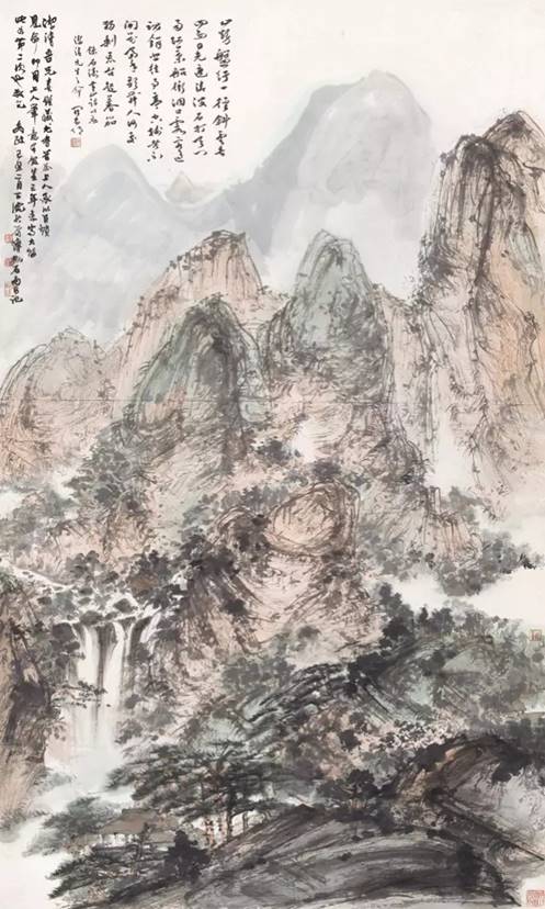 傅抱石 山瀑清会 己丑（1949年）作

　　立轴 设色纸本 173×92cm。 约14.4平尺
