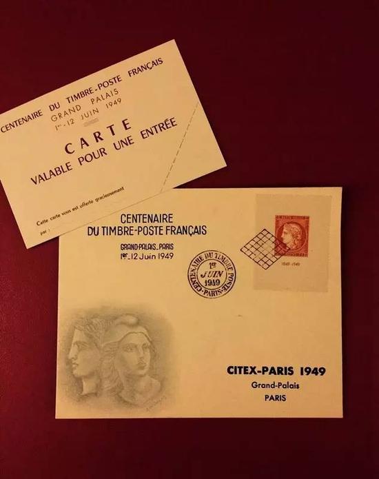 （1949年巴黎国际邮展的邀请信，信封上使用了纪念邮票并盖有标志性的黑色菱形邮戳）