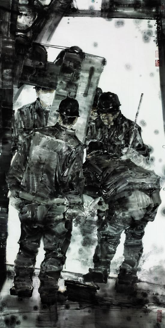 沙钢叙事 检修钢炉的人-100X200cm-张文来-纸本水墨-2015年