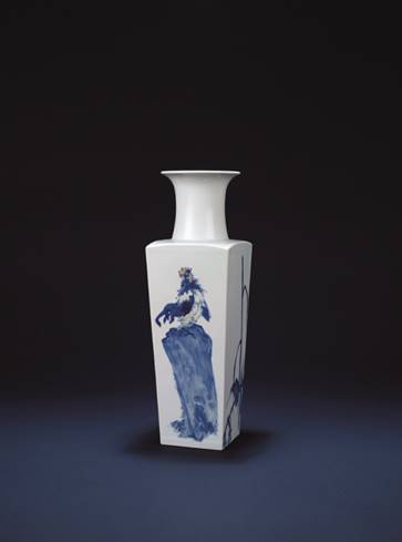 王步 “高歌大庆”青花釉里红天圆地方瓶