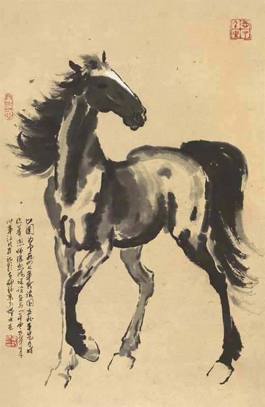 　　师悲鸿马图 1947年 79x51.5cm 纸本水墨 （款：此图为予一九四七年就读国立北平艺专时临摹恩师徐悲鸿课读画马 二千零五年秦川韦江凡并记于古都北京南城方庄   印：韦江凡印，与人一心，志在千里)